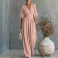 thumbnail image 2 of LEKODE Women Jumpers and Rompers Cotton Linen Jumpsuits for Women Summer Flowy Jumpsuits for Women Deep V Neck Jumpsuit Wide Leg Jumpsuit Summer Outfits B Pink S, 2 of 9