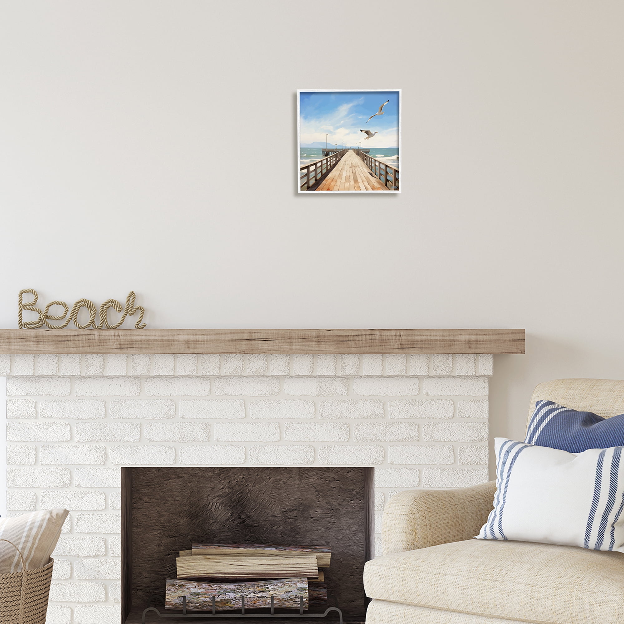 Stupell Industries Seagulls over Pier Landscape Painting White Framed Art Print Wall Art, 12 x 12