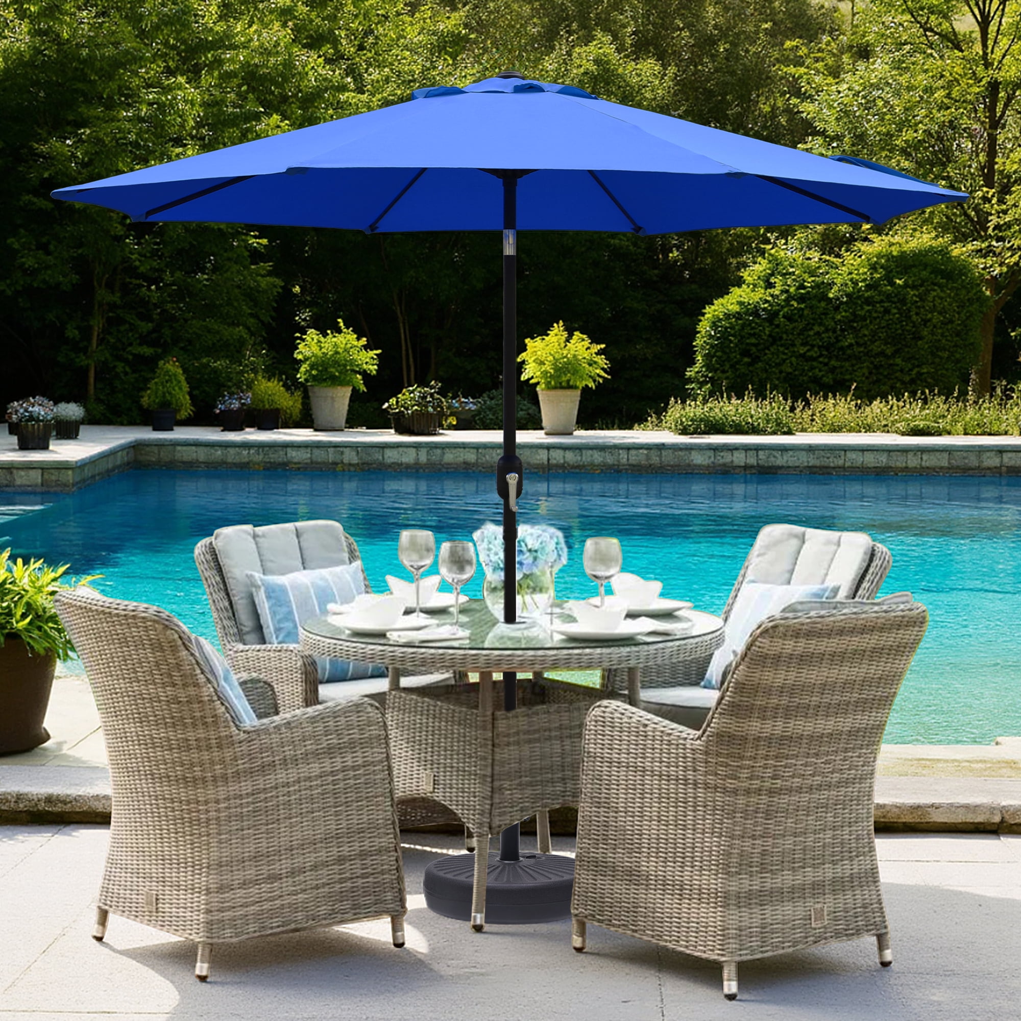 Abble Outdoor 9ft Patio Umbrella with Crank Handle and Push Button Tilt, Outdoor Market Umbrella with 8 Ribs for Garden, Deck, Backyard, Pool, Royal Blue
