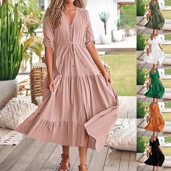 Kmdttou Women's Maxi Dresses Long Sleeve Casual Fashion Summer V-Neck Short Sleeve Button Drawstring Split Hem Solid Waist Dresses