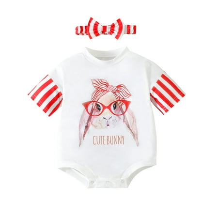 

Unisex Baby Onesie Clothing Easter Short Sleeve Cartoon Rabbit Printed Pullover Rompers Bodysuits Headbands Set