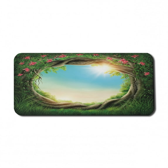 Tree Computer Mouse Pad, Enchanted Forest in Spring Fresh Growth Foliage Blossoms Fairytale Fantasy, Rectangle Non-Slip Rubber Mousepad X-Large, 35" x 15" Gaming Size, Green Pink Cocoa, by Ambesonne