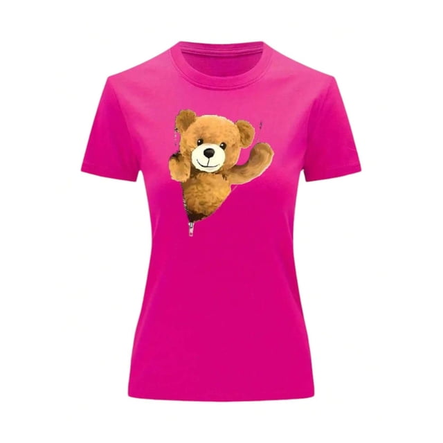 Playera Blusa De Oso De Peluche Saliendo Del Cierre Ropa Para Mujer Casual Color Fucsia Talla Grande Marca Emil SaEs