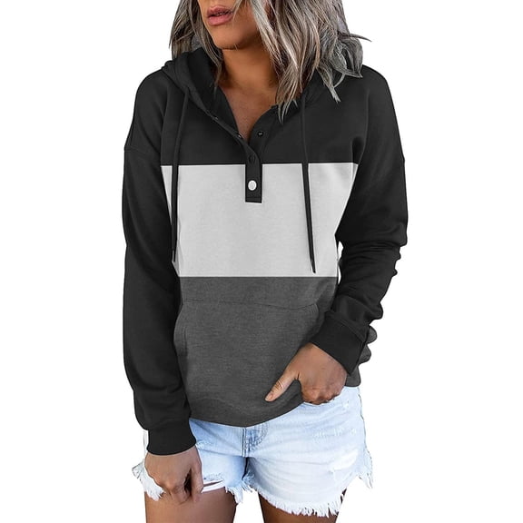 Fesfesfes Women Hooded Casual Pullover Patchwork Button Down Hoodies Drawstring Long Sleeve Hooded Pocket Blouse Tops Sweatshirts Clothes Sale