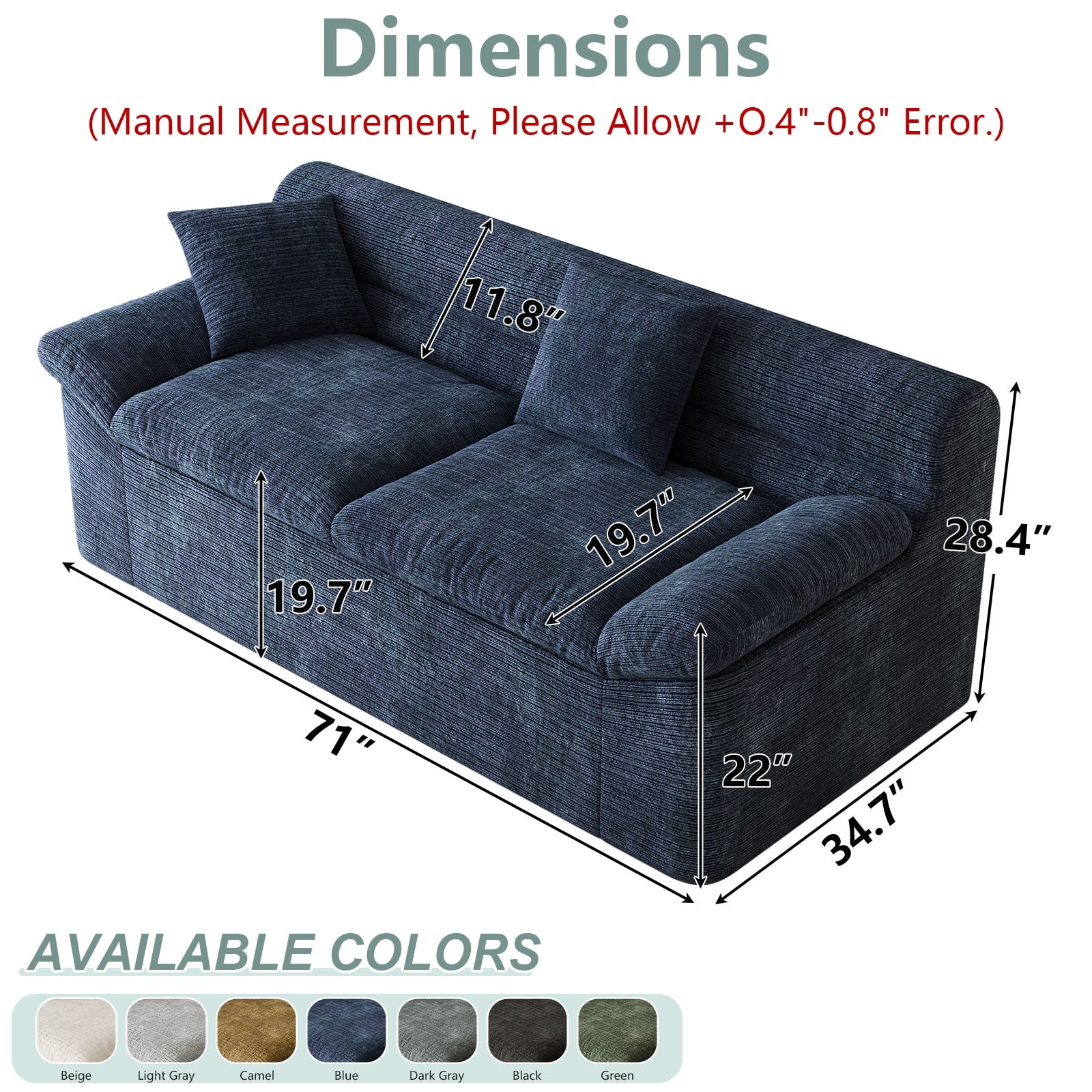Leumius 71" Boneless Sofa,3 Setaser Couch with Deep Seat,Comfy Loveseat Sofa,for Living room, Bedroom,Conference room ,Apartment,No Assembly,Aged Blue