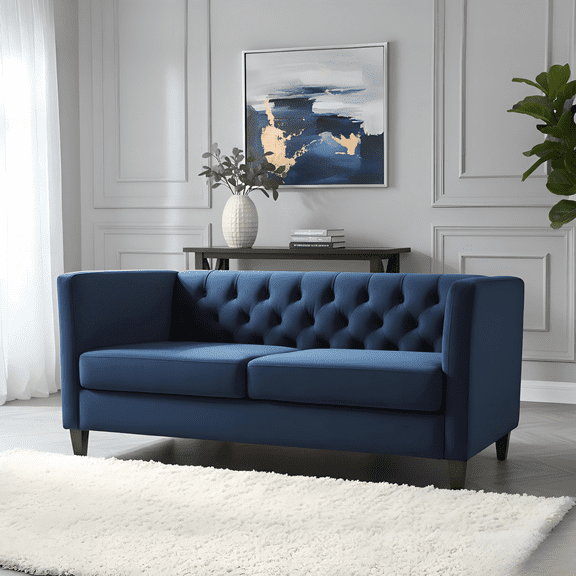 Button Tufted Velvet 3-Seater Sofa, Square Arm Upholstered Couch with Tapered Wood Legs, Mid-Century Tufted Large Sofa Furniture for Living Room