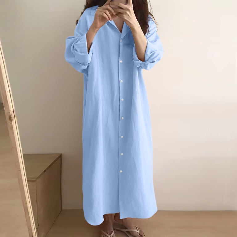 YDFCWXW Womens Chic Button Down Rolled-Up Sleeve Long Cotton Blouse Maxi  Dress Blue, L - Walmart.com