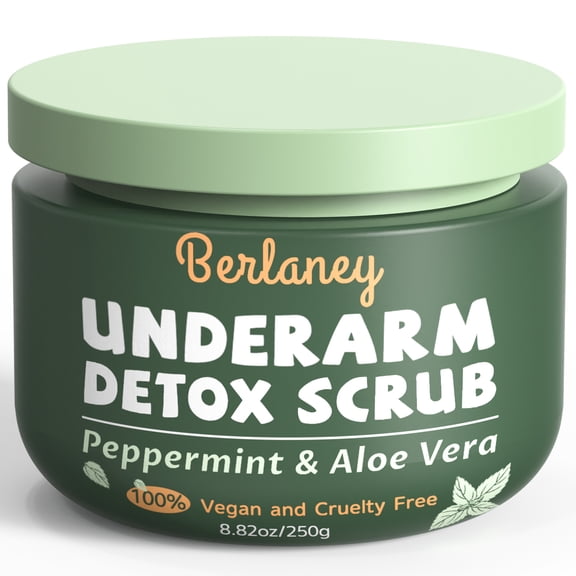 Berlaney Underarm Detox Scrub, Exfoliating Body Scrub with Peppermint, Aloe Vera & Walnut Shell Powder for Deodorant Buildup, 8.8 oz