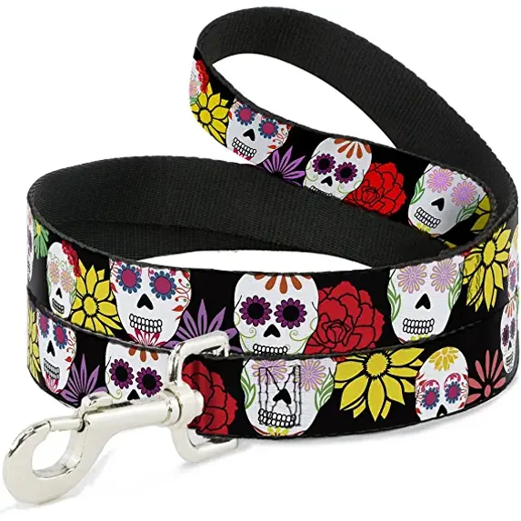 Buckle-Down Dog Leash Sugar Skulls Flowers Black Multi Color Available in Different Lengths and Widths for Small Medium Large Dogs and Cats