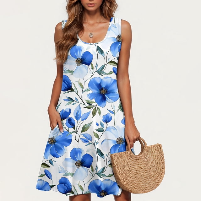 Liquidation à Moins de 10 $ Cagogo Robe d'Été Midi Débardeur pour Femmes avec Encolure Dégagée Sans Manches, Coupe Ample et Imprimé floral Bleu Vif. Cette Robe d'Été Décontractée avec Poches Est Parfaite pour l'Église, la Remise des Diplômes, les Événements des Fêtes Ou le Quotidien. Fabriquée en Tissu Léger et Respirant pour le Confort par Temps Chaud.