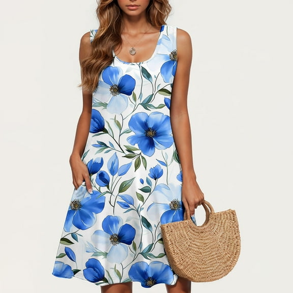 HOMBOM Dresses for Women Spring Blue Mini Crew Neck Sundress Floral Sleeveless Pocket 2024 Casual Dress 2XL