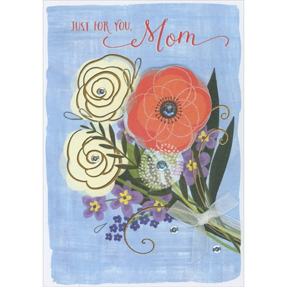 Designer Greetings Bouquet with Large 3D Die Cut Red and White Flowers, Sequins and Bow on Light Blue Hand Decorated Valentine's Day Card for Mom