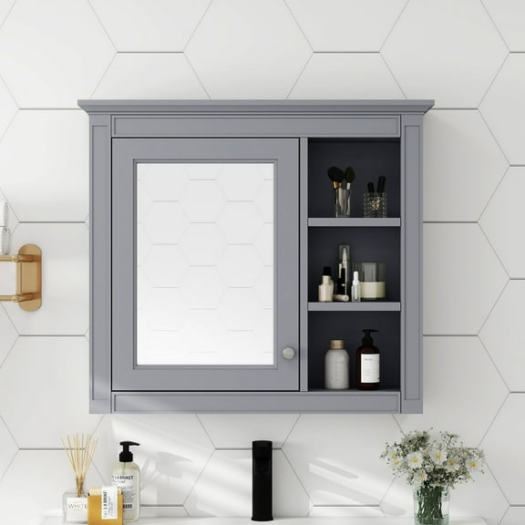 DEALTOPS Stylish Wall Mounted Bathroom Mirror Cabinet with Cabinet and Open Shelves, Gray