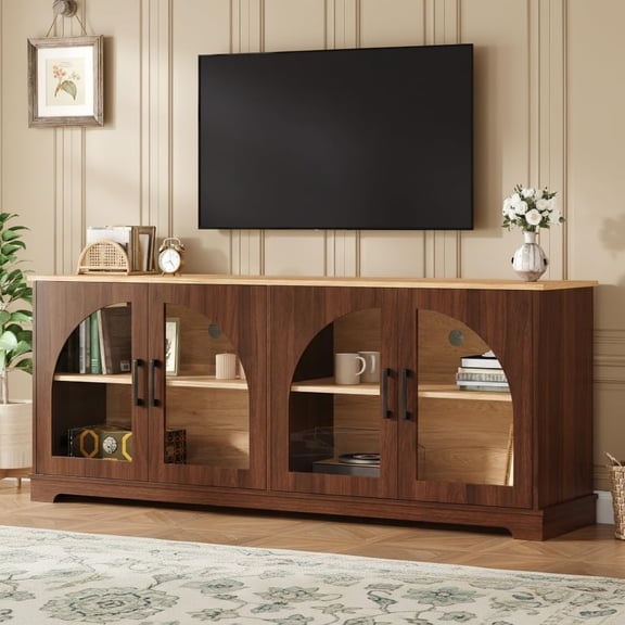 YWEN Farmhouse TV Stand with Adjustable Shelves for TVs up to 70'', Entertainment Center with Semi-Arched Glass Doors, Wood Grain Sideboard with Cable Management for Living Room