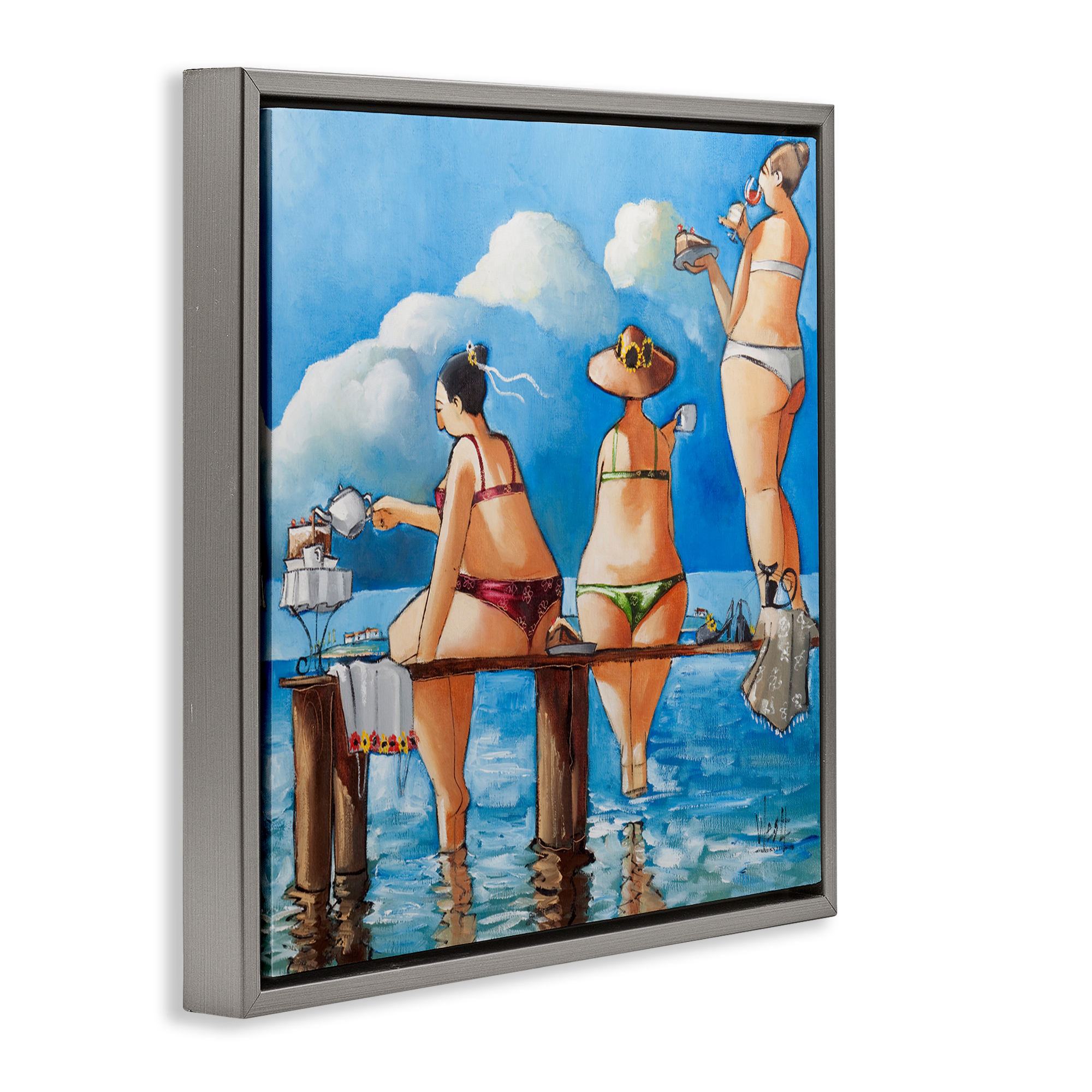 Tea Break On The Jetty Gray Framed Floater Canvas Wall Art, design by Ronald West