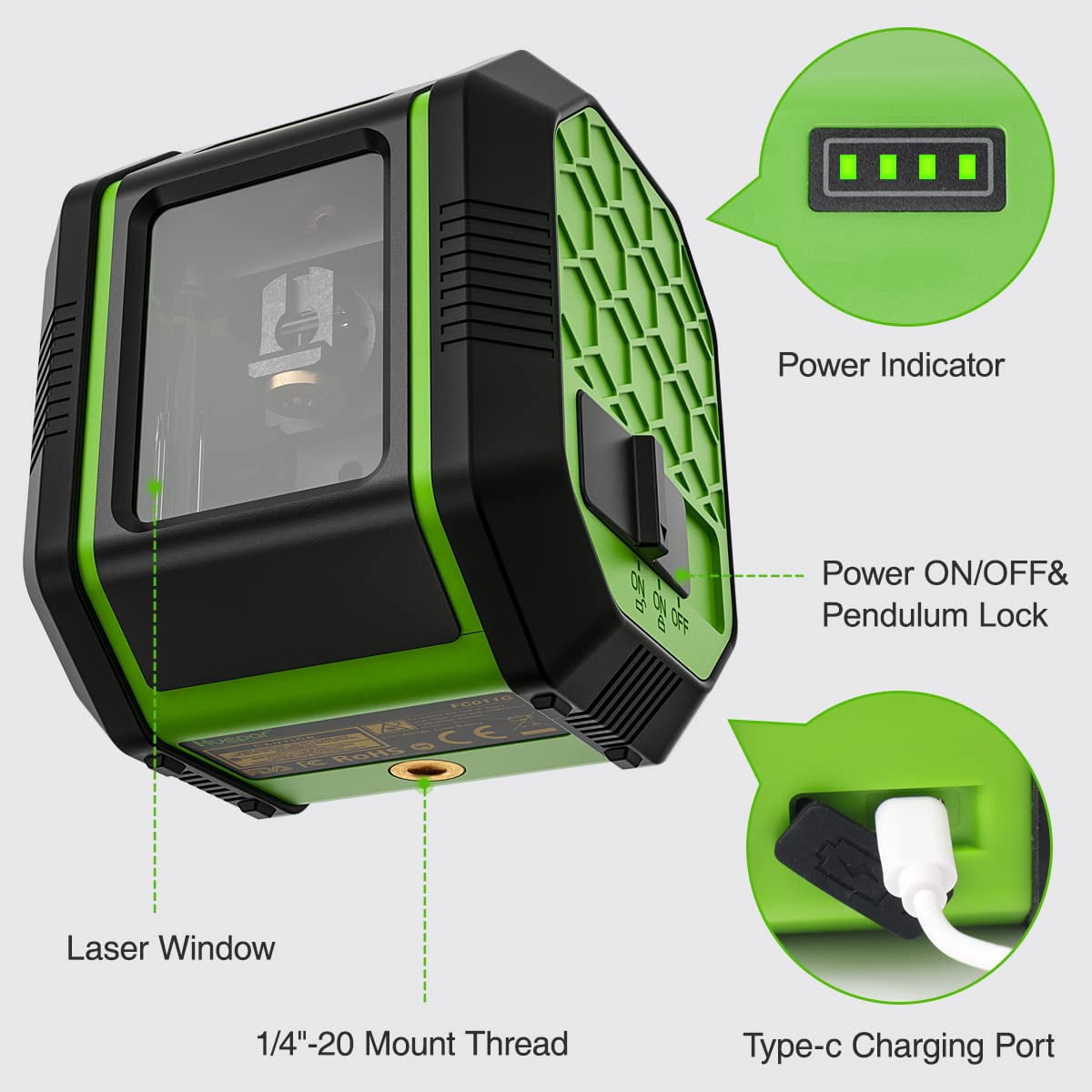Huepar Green Beam Cross Line Laser Level Self-Leveling Laser Level Tools with Rechargeable Li-ion Battery