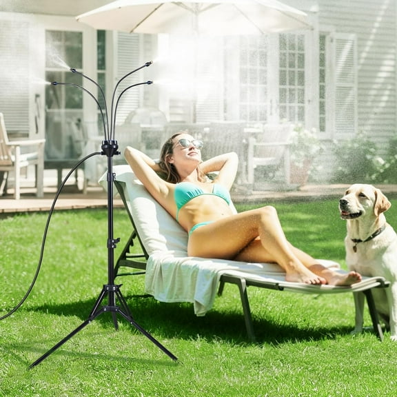 Sasuw Adjustable Outdoor Misting System with 26FT Hose, Triangular Base Standing Misters for Outside Patio, Pool, BBQ, Garden & Tanning