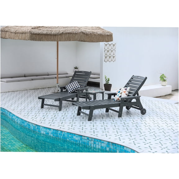 JERFIT 5-Position Adjustable Outdoor Chaise Lounge Chair Set with Side Table, Wheels & Cup Holders, All-Weather HDPE Gray Patio Furniture for Pool, Beach, Garden