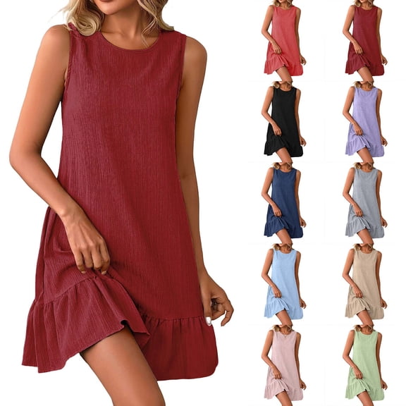 Sevevn Women’s Sleeveless Casual Shift Dress Ruffle Hem Crew Neck Loose Fit Summer Mini Dress for Daily Wear Vacation Party Wine XL