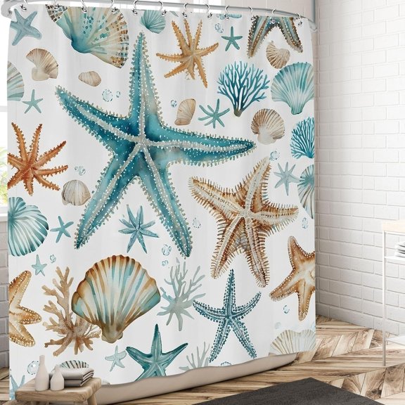 Watercolor Starfish And Seashell Shower Curtain For Bathroom Coastal Ocean Sea Life Fabric Bath Curtain with Hooks 71x71 inches Blue And Brown