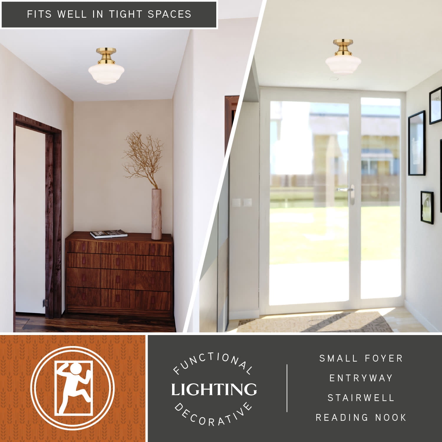 Eastgate 8.75-in W Gold Brass Traditional Semi Flush Mount Ceiling Light White Schoolhouse Glass