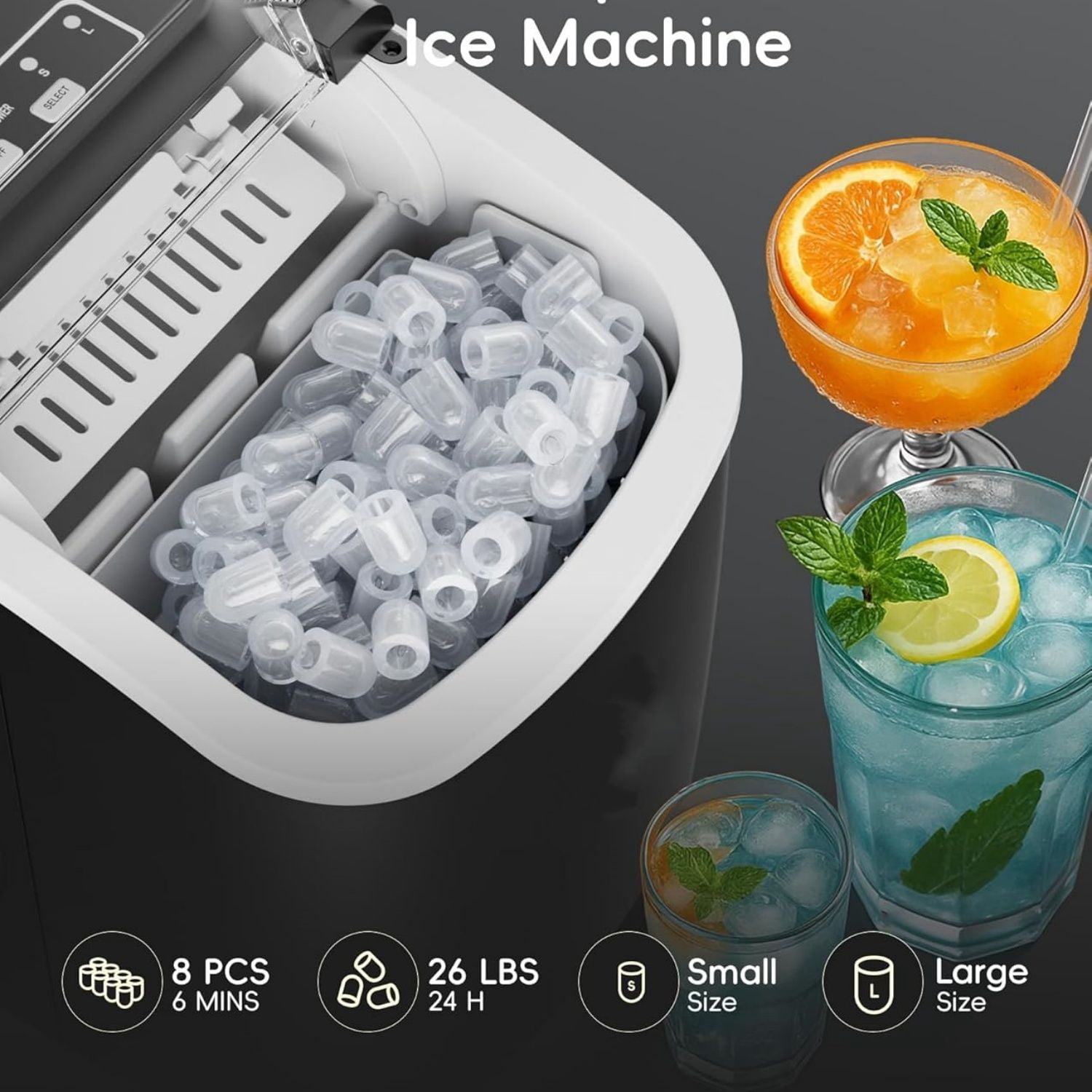 Portable Ice Makers Countertop, 8 Cubes in 6 Mins, 26lbs/Day, Bullet Ice Maker Machine with 2 Ice Sizes, Self-Cleaning Ice Maker with Carry Handle for Home/Kitchen/Party/Travel