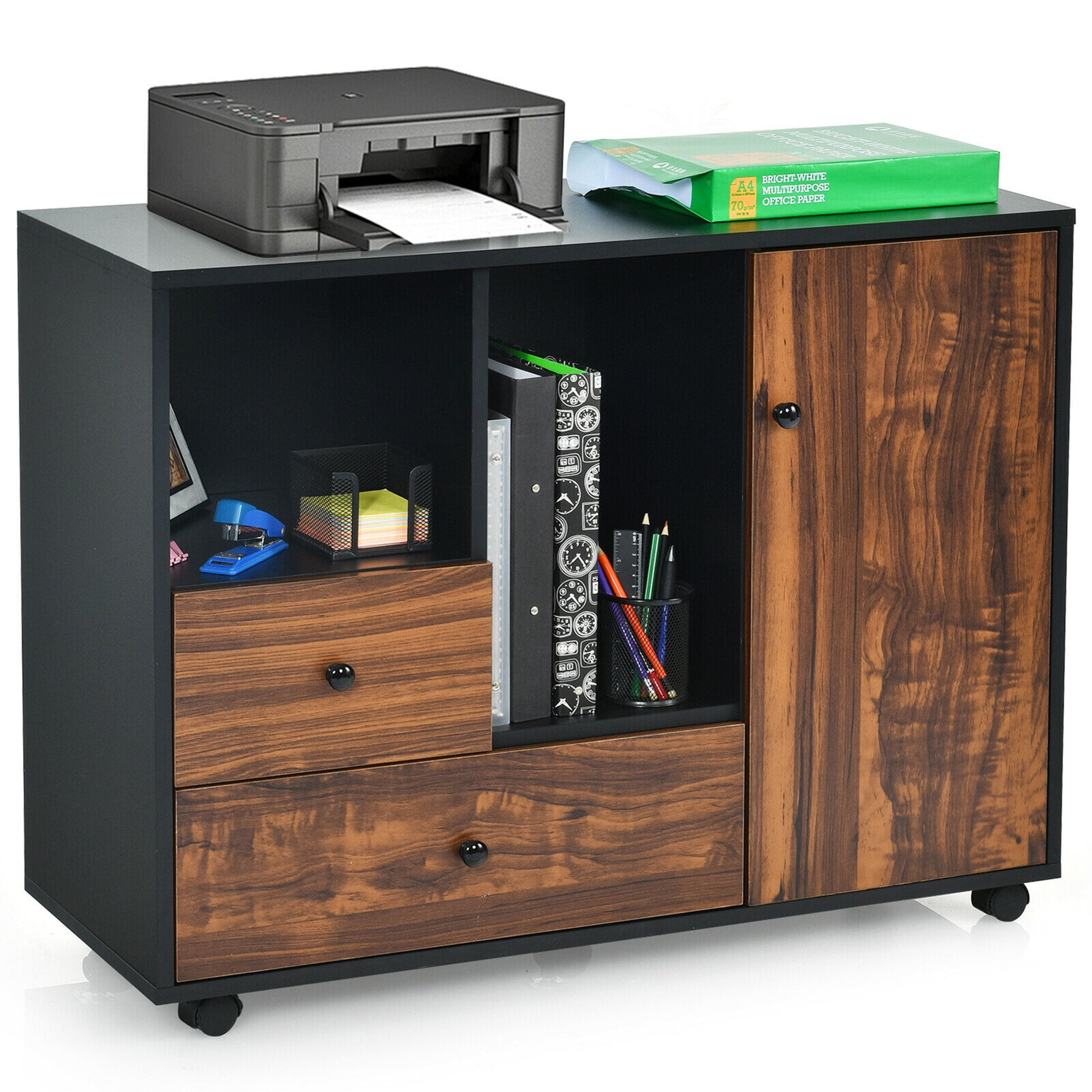 Gymax Lateral Mobile Filing Large Printer Stand w/2 Drawers Open Shelves Black