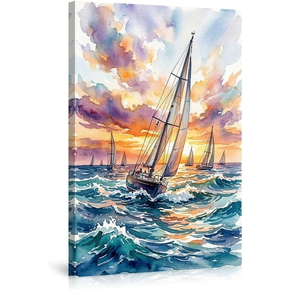 Watercolor Sailboat Ocean Canvas Wall Art Print, Nautical Seascape Decor for Living Room Bedroom Bathroom Sunset Artwork Home Decorations