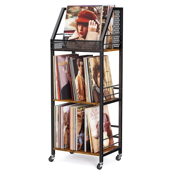 3 Tier Record Player Stand with Storage Up to 300 Albums, Movable Stand for Vinyl, Records Shelf for Living Room Bedroom