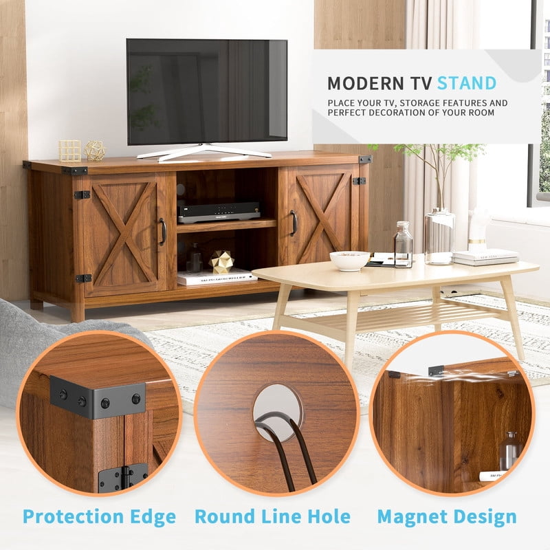 Homall Farmhouse TV Stand for 65 Inch TVs, Rustic Brown Wood Entertainment Center with Storage Cabinet & Cable Management