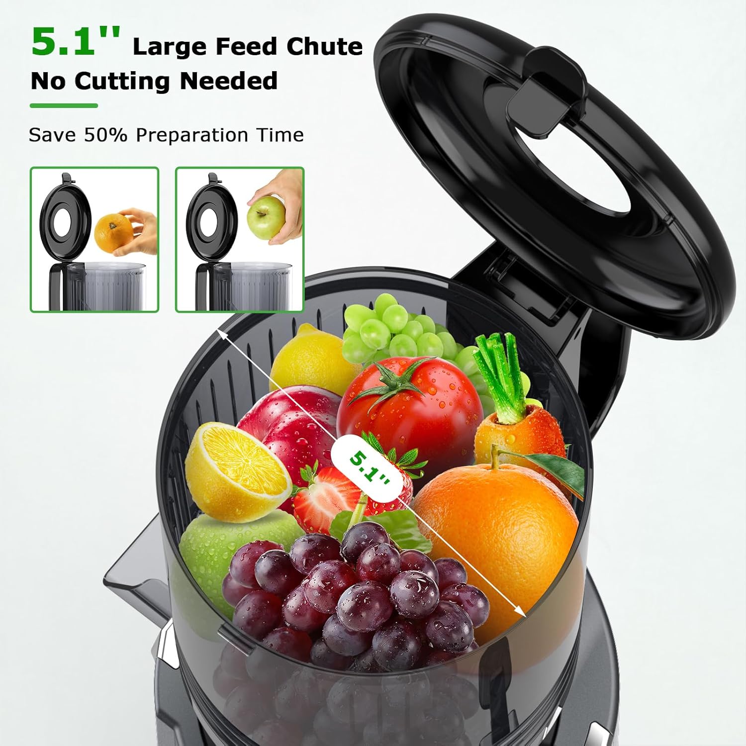 Cold Press Juicer Machines: 5.1" Wide Feed Chute Slow Masticating Juicer for Whole Fruits & Vegetables, Easy to Clean, High  Yield, ,