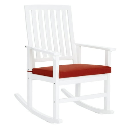 Best Choice Products Indoor Outdoor Home Furniture Wooden Patio Rocking Chair Porch Rocker Set Glider Furniture w/ Seat Cushion - White/Red
