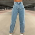 thumbnail image 4 of Women's High Waist Stretch Straight Wide Leg Blue Jeans Distressed Comfort Classic Denim Pants Trousers with Pockets, 4 of 7