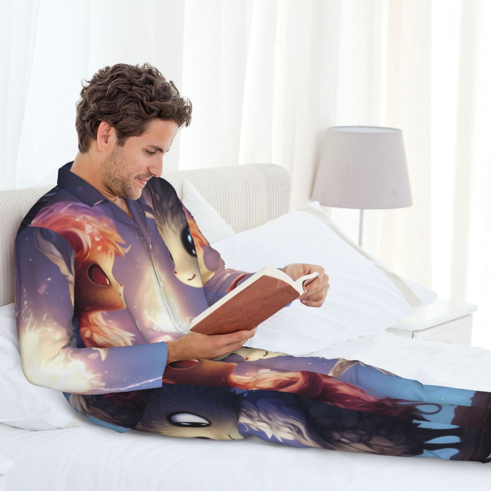 Fuzoiu Dreamy Forest Elf Print Men's Long-Sleeved Pajama,Lounge Button Down Nightwear,Mens Notch Collar Pajama Set -Large