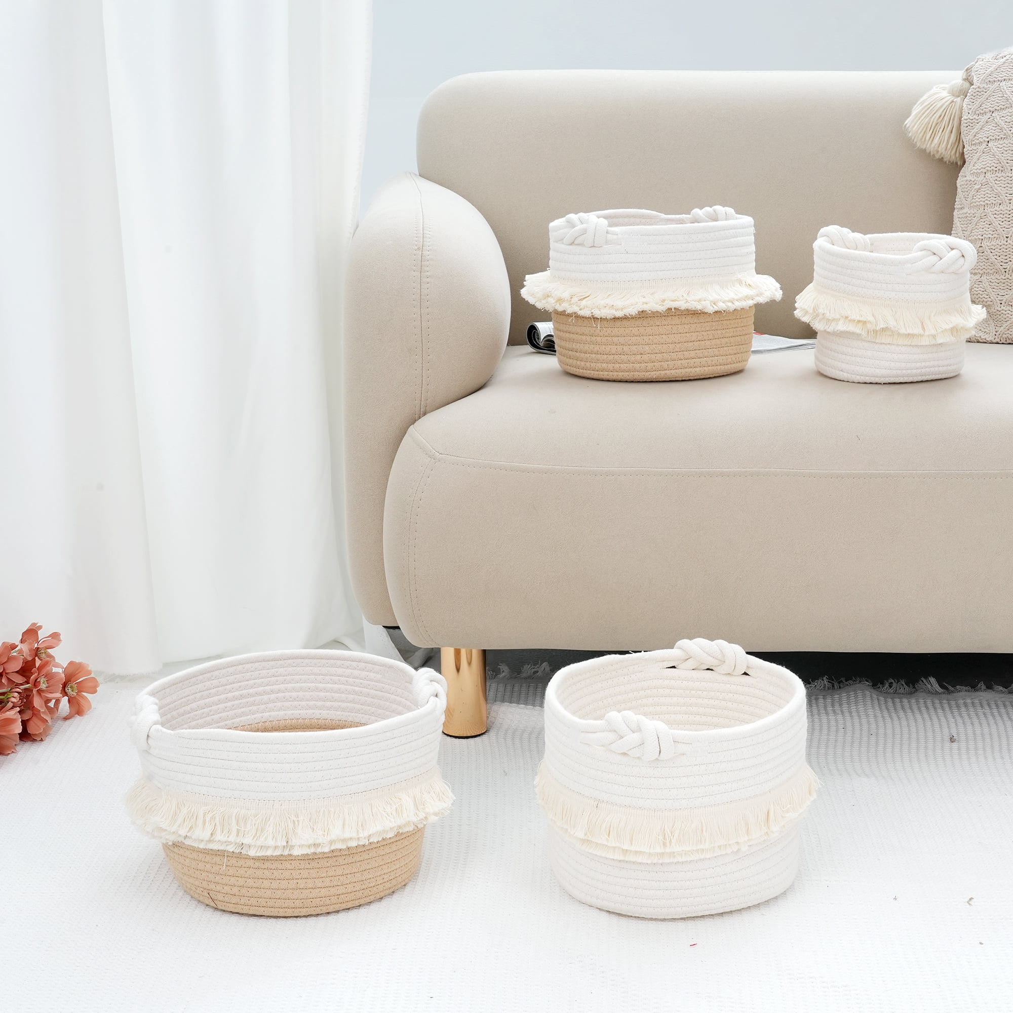 Unique Bargains 3 Pack Storage Basket Shelf Storage Bin Organizer Bin for Home White Brown