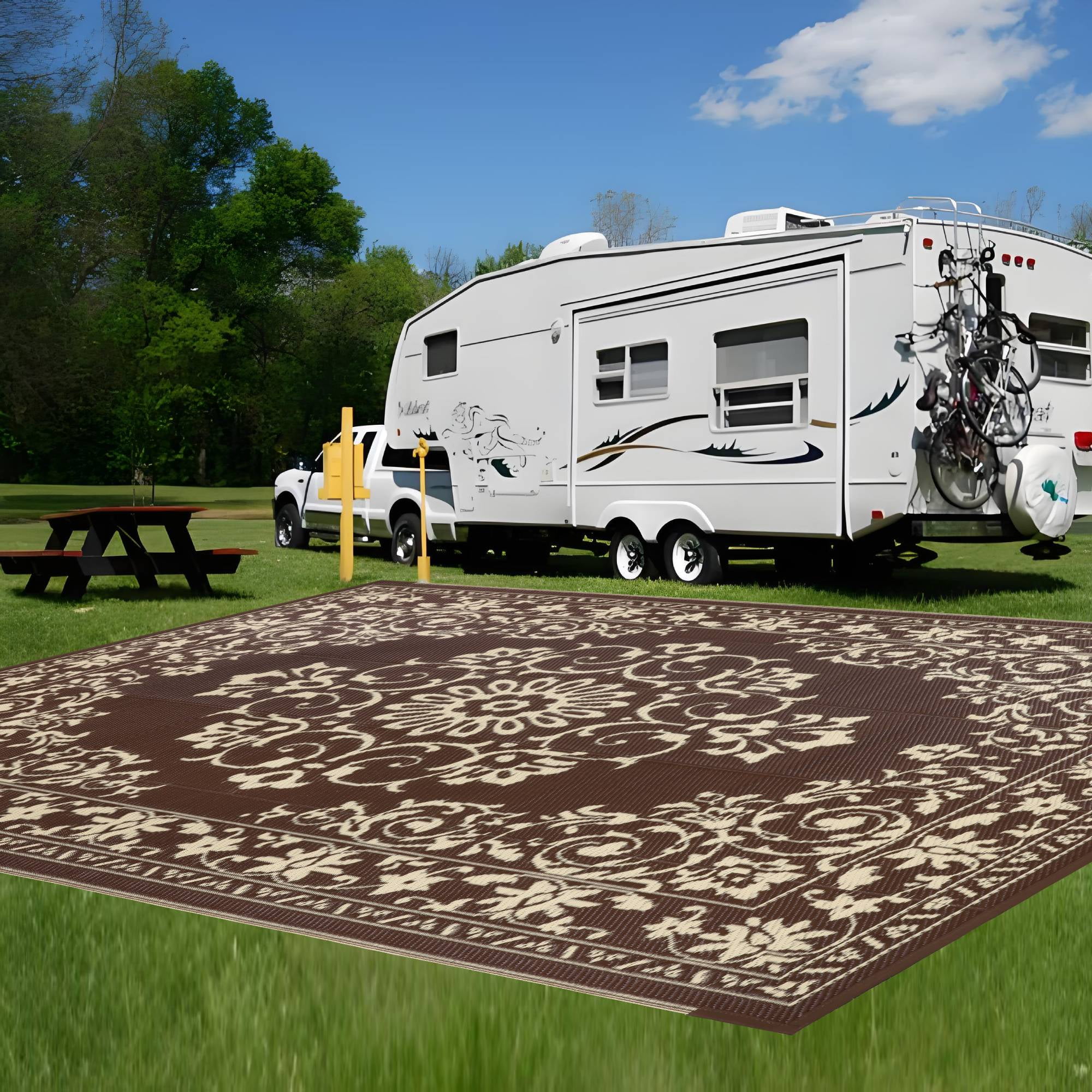 Findosom 8'x10' Boho Mandala Outdoor Rug Patio Rug Large Reversible Plastic Straw Rug RV Outdoor Mat Waterproof Foldable Portable Camping Mat for RV,Patio,Backyard,Deck,Picnic,Beach Brown