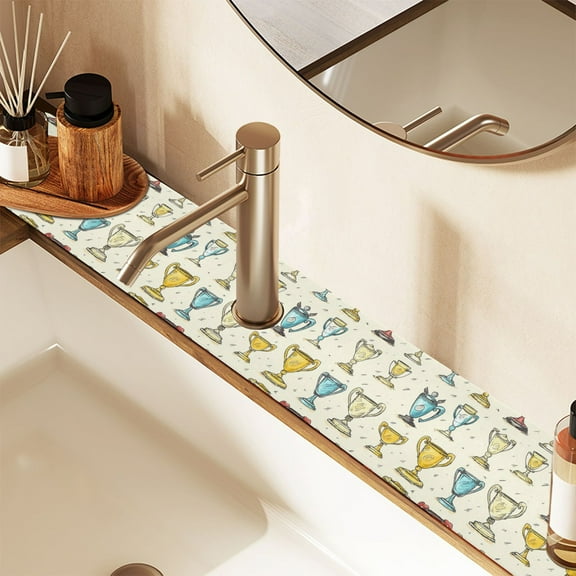 Faucet Mat for Kitchen Sink 30'' Sink Splash Guard Mat Super Absorbent Fast Drying Drain Pad Cartoon Trophies 2 Pack