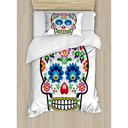 Sugar Skull Duvet Cover Set Polish Folkloric Art Style Mexican