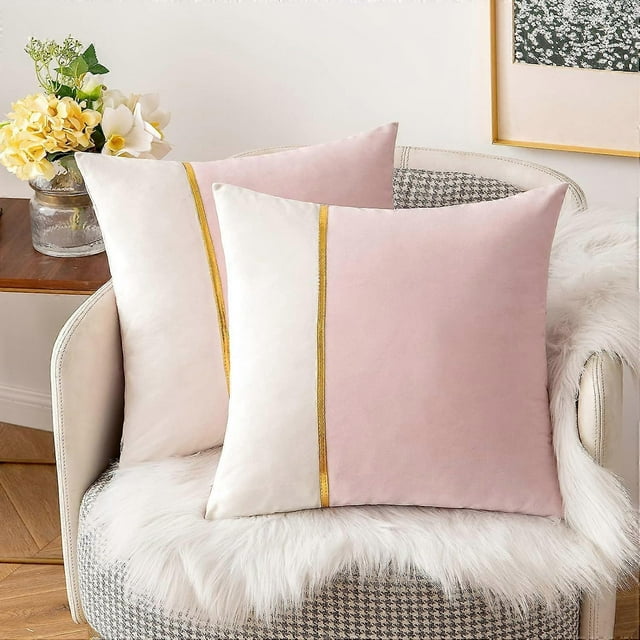 A pack of 2 decorative velvet pillowcases, paired with gold leather square solid soft pillowcases, sofa cushion covers 18 X 18 inches pink