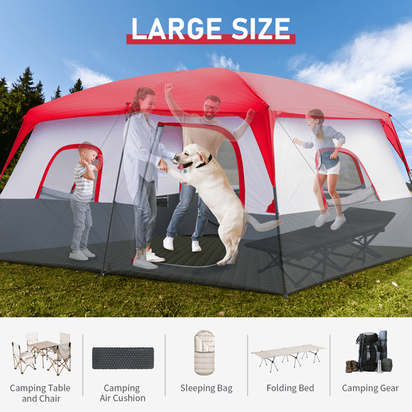 14-Person Family Cabin Tent - 14ft x 14ft Extra Large Outdoor Shelter with Room Divider - Red & White