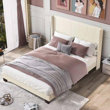 BTMWAY Full Bed Frame  Full Size Velvet Upholstered Platform Bed with Headboard  Solid Wood Frame  Modern Full Platform Bed Frame Bedroom Furniture  Holds 550lbs  No Box Spring Needed  Beige