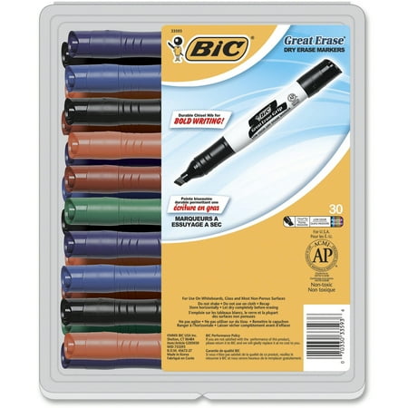 BIC Great Erase Grip Dry Erase Marker, Tank Style, Chisel Tip, Assorted Colors, 30-Count