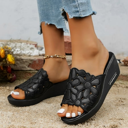 

Cathalem Non Slip Slipper Socks for Women Ladies Fashion Retro Solid Color Leather Embroidered Indoor Slippers for Women Cute Black 8