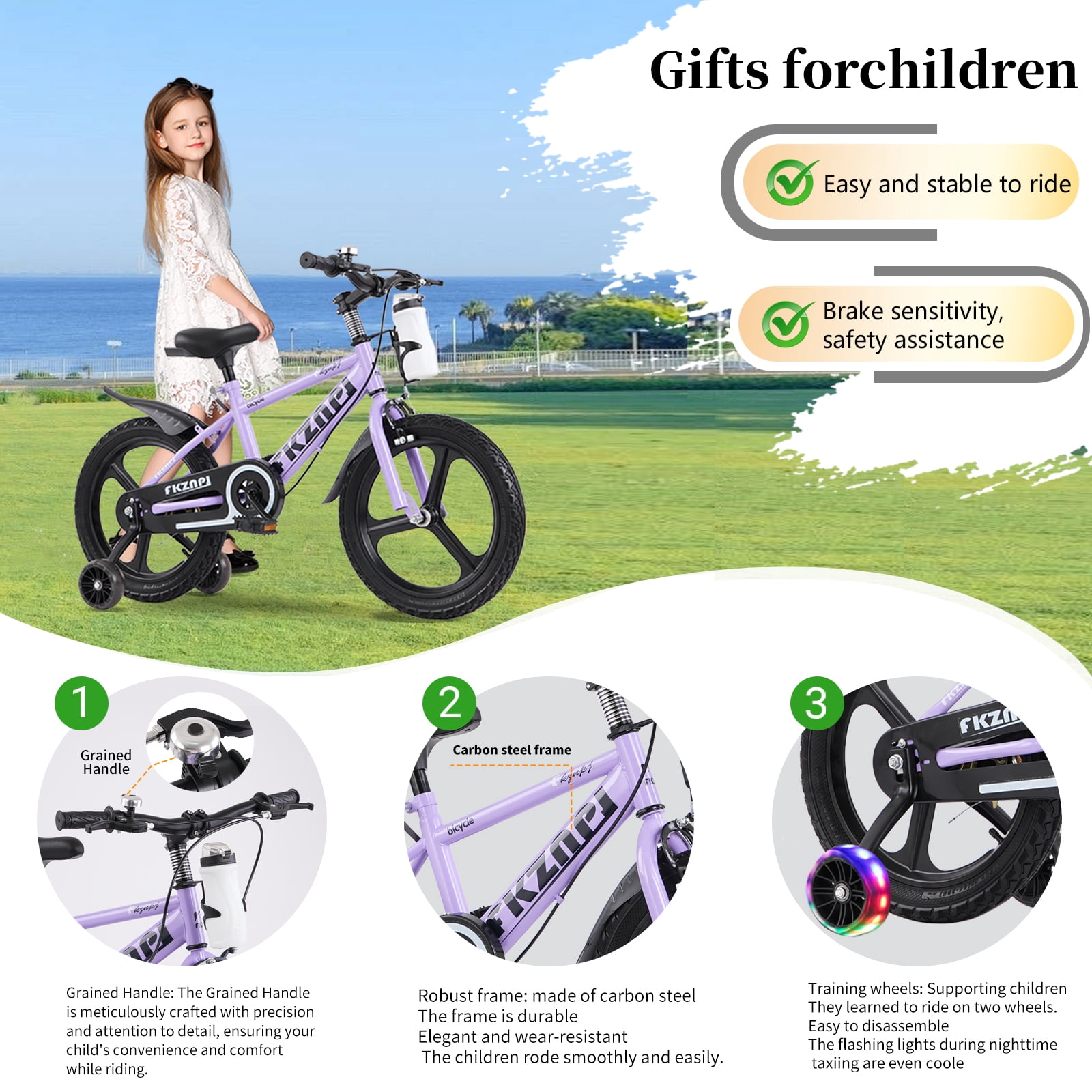 16" Kids Bike for Boys Girls, Toddler Bike with Training Wheels, Bicycle for Kids with Adjustable Seat, Water Bottle, Fits Riders 41"-53", Purple