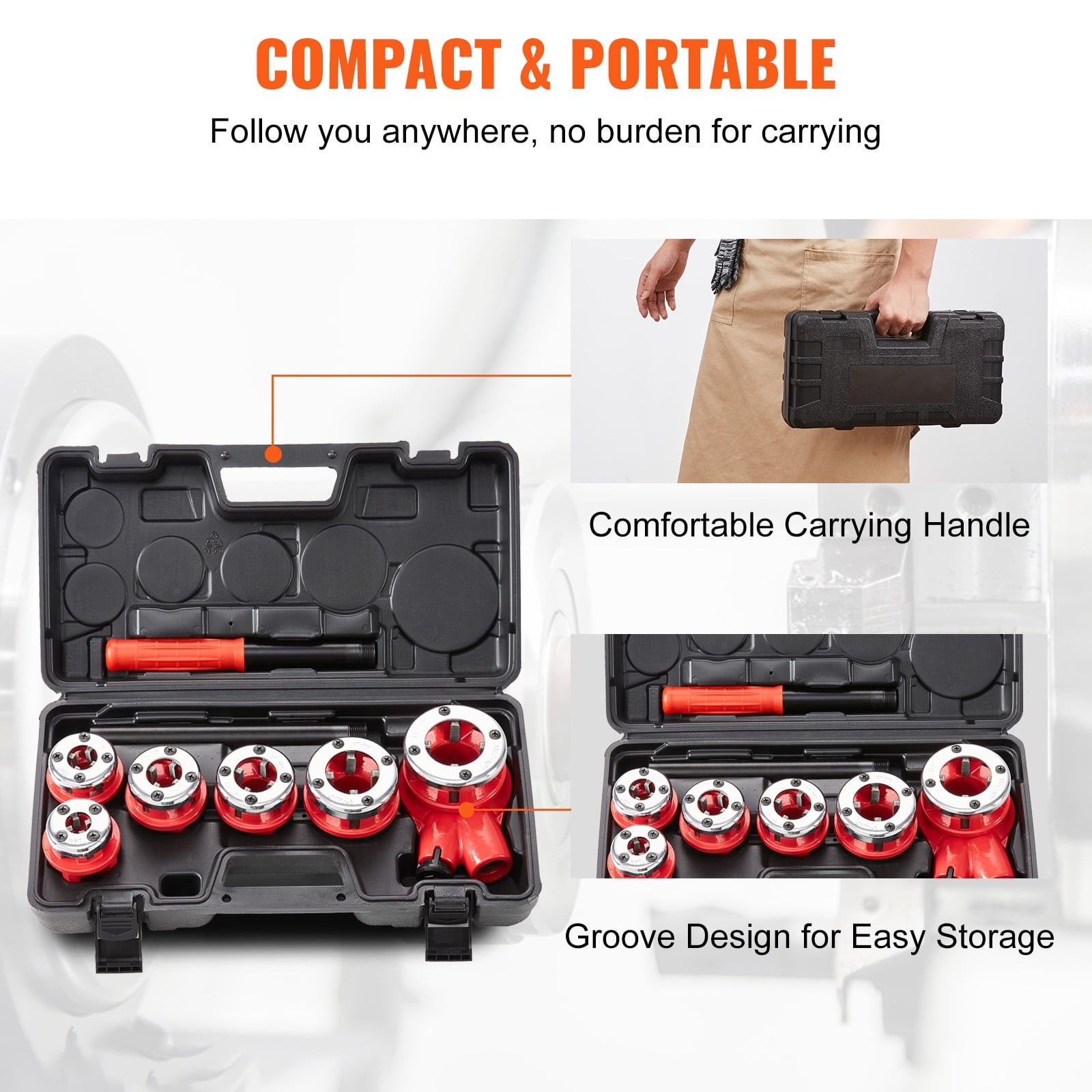 SKYSHALO Ratchet Pipe Threader Kit, 1/4" NPT - 1-1/4" NPT Manual Ratcheting Pipe Threader, Portable Pipe Threading Tool Set with 6PCS NPT Dies, Storage Case for Galvanized Aluminum Iron Copper Pipes