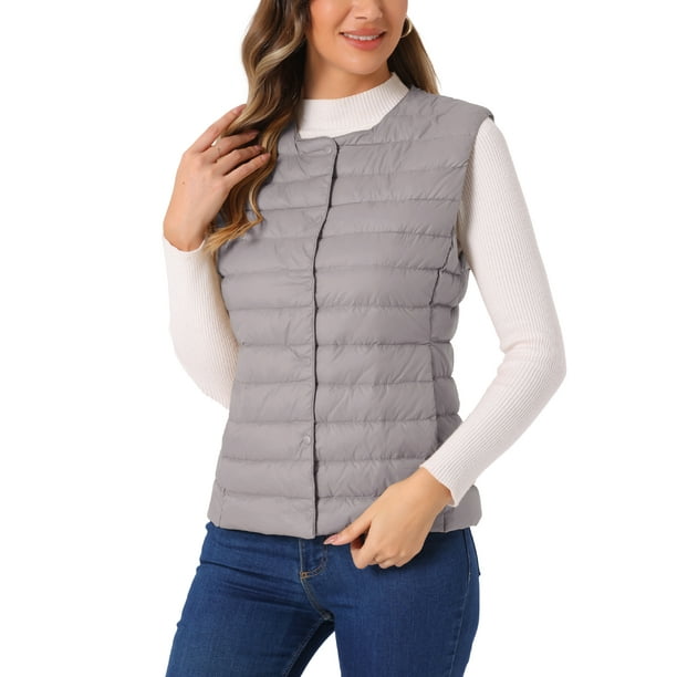 Chaleco acolchado sin mangas ligero de INSPIRE CHIC para mujer, con botones, cuello redondo, abrigo gris XL