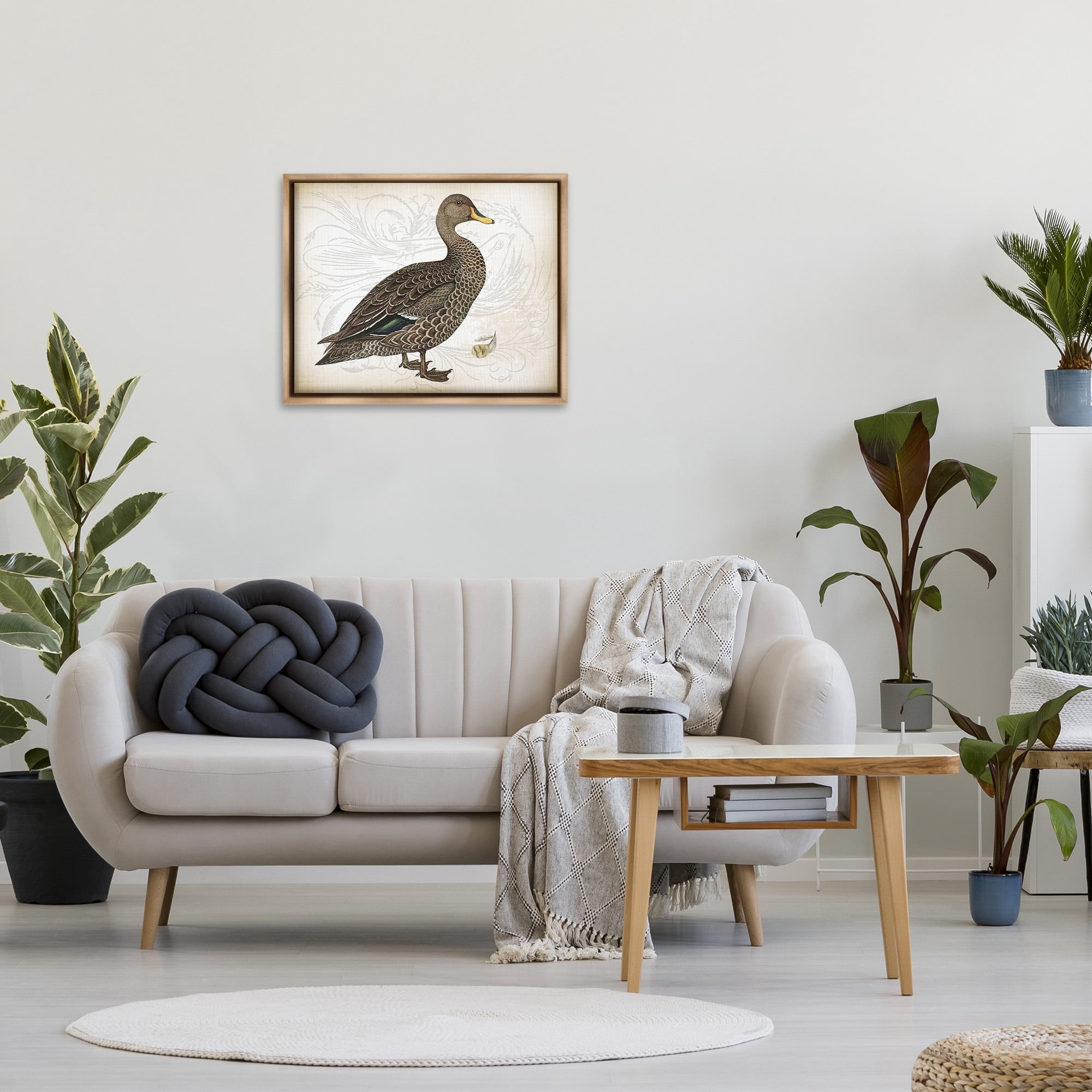 Stupell Industries Patterned Vintage Duck Animals & Insects Painting Brown Floater Framed Canvas Art Print Wall Art, 31 x 25