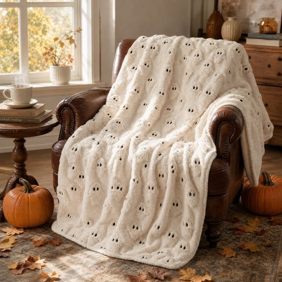 Halloween Ghost Throw Blanket 39×51 inch Ultra Soft Velvet All-Season Decorative Blankets with 3D Embroidered Ghost, Cozy Bed or Sofa Blanket (White)