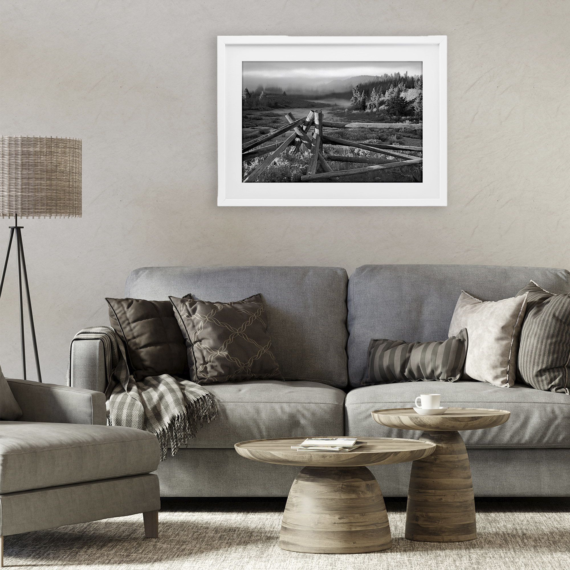 Grand Tetons Fence Beyond White Framed Print Under Glass, design by MJ Photography