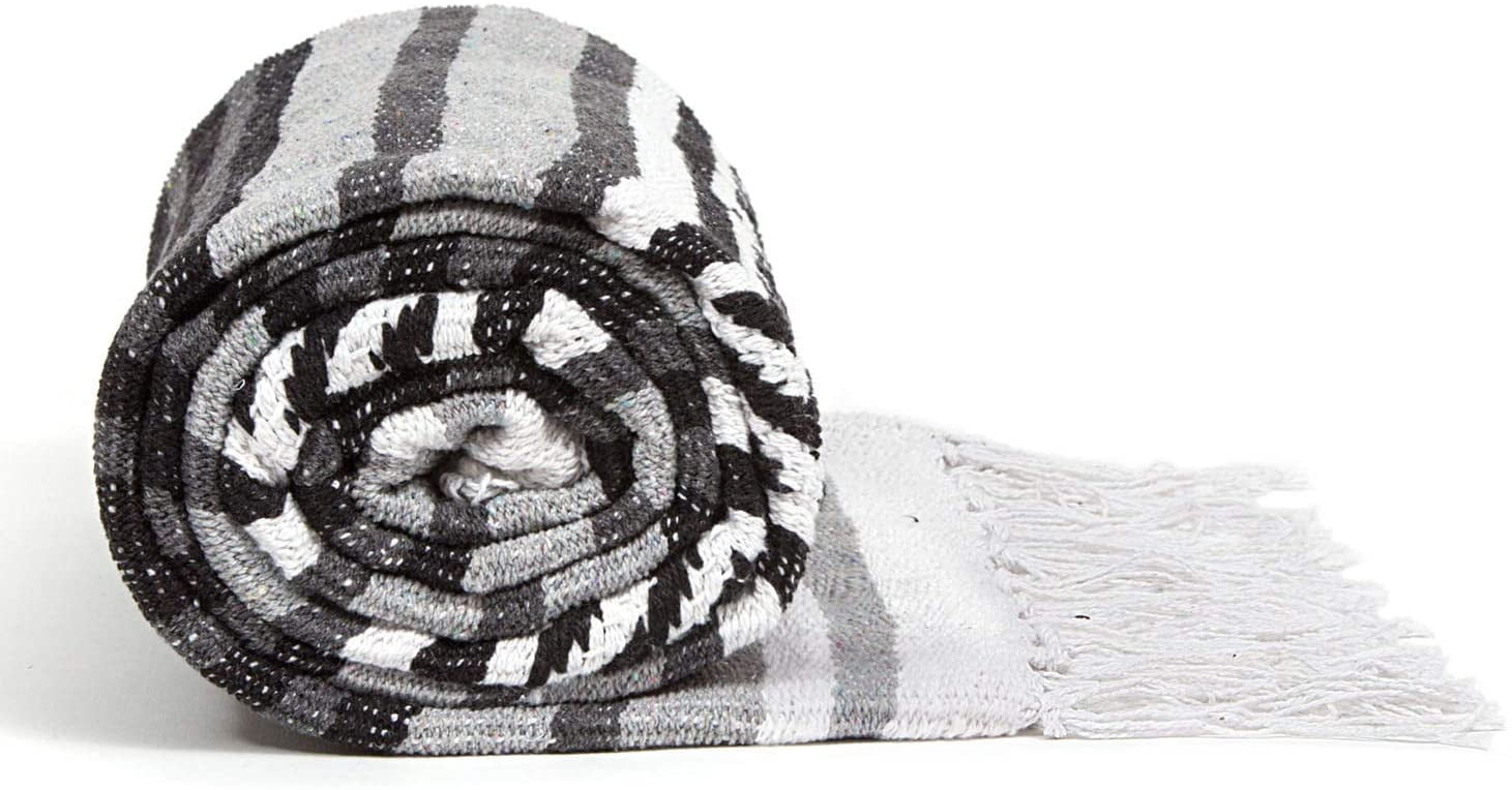 Americanflat Authentic Mexican Yoga Blanket - Soft Woven Cotton and Polyester Falsa Blanket in Gray Striped